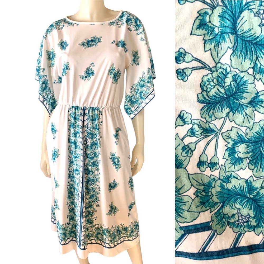 Vintage 70s Shaheen Flutter Sleeve Dress 8 Lokelani Print Dolman Blouson ACTWU